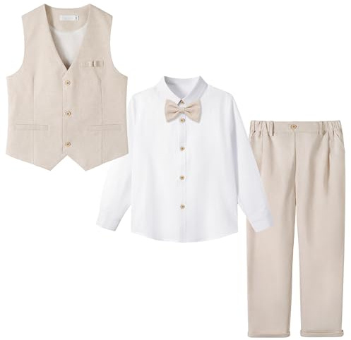 LOLANTA 4 Pièces Costume Garçon Mariage, Lin Gilet Pantalon Vetement Cérémonie Enfant, Tenue en Baptême, Fête d'anniversaire, Beige tacheté, 12-13 Ans, 170