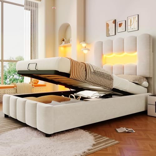 Kebnor Polsterbett, 90 x 200 cm, ohne Matratze, LED-Beleuchtung, mit Hydraulikvorrichtung, verstellbares Kopfteil, Samt, beige