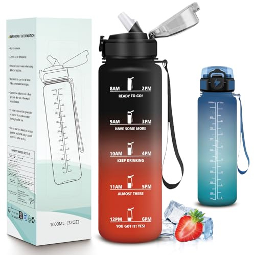 Mujigaga Borraccia 1 litro, Borracce con Cannuccia, A Prova di Perdite, Borraccia Palestra con Indicatore del Tempo, Facile da Pulire, Bottiglia Motivazionale per Fitness, Yoga, Ufficio, Palestra