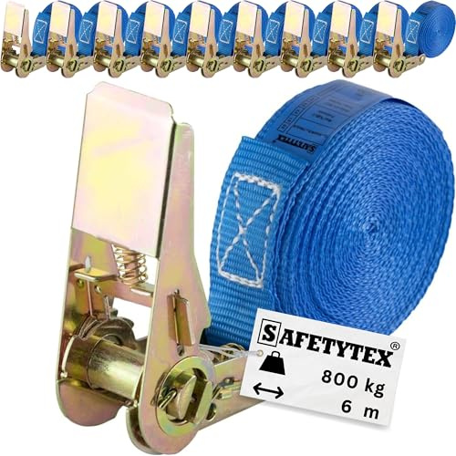 Safetytex Spanngurt 800 daN einteilig 25 mm 4-6 m Ratsche (10 Stück / 6m) | Zurrgurt, Ratschengurte blau, Länge, Stückzahl wählbar, 800 kg Belastbarkeit, sichere Ladungssicherung