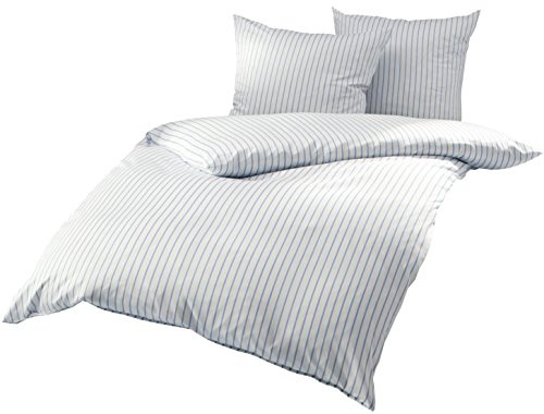Mako Satin Bettwäsche blau weiß gestreift 200x220 + 2X 80x80 cm, 100% Baumwolle mit Reißverschluss