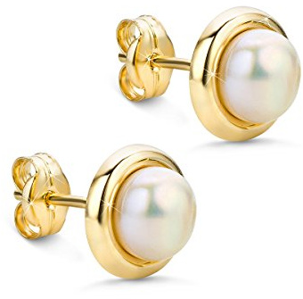 OROVI Ohrringe Gold- 14 karat (585) Gelbgold – Perlenohrringe, Ohrstecker Gold mit Weißen Süßwasserperlen 7 mm, Hypoallergene Perlen Ohrringe, Schmuck Damen, Gold Schmuck- inkl. edler Schmuckbox
