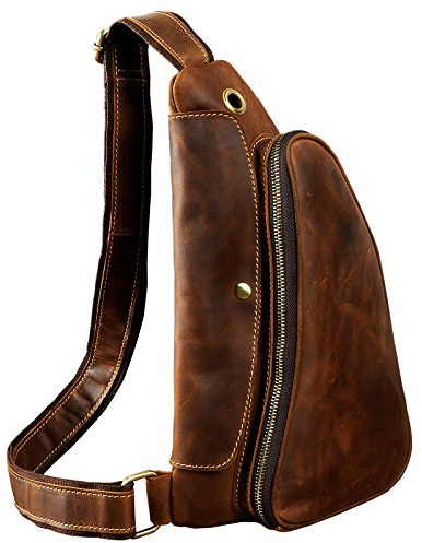 Le’aokuu Herren Echtes Leder Brusttasche Crossbody Bag Sling Bag Schultertasche Rucksäcke Freitzeit Sport Messenger Bag (9976 Dunke Braun)