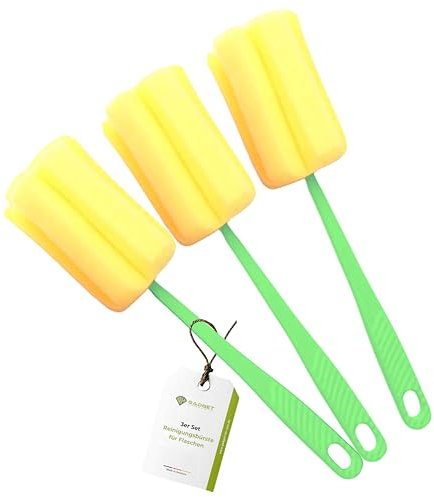 Gadget-Hero Reinigungsbürste für Flaschen 3er Set - Flaschenbürste Schwamm - Spülschwamm für Gläser - kratzfreier Flaschenreiniger mit langem Griff - Flaschenschwamm - Babyflaschen Reiniger