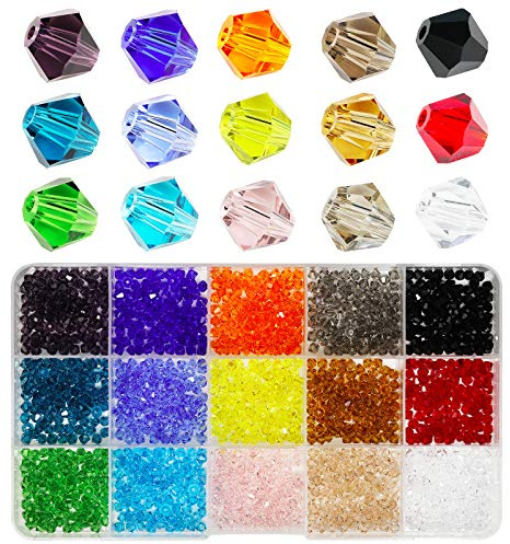 Wholesale 4mm Bicone Faceted Crystal Glass Beads for Jewelry Making, DIY Craft Beads for Necklace 15 Colors Mix Lot in Box (Total 1500pcs)