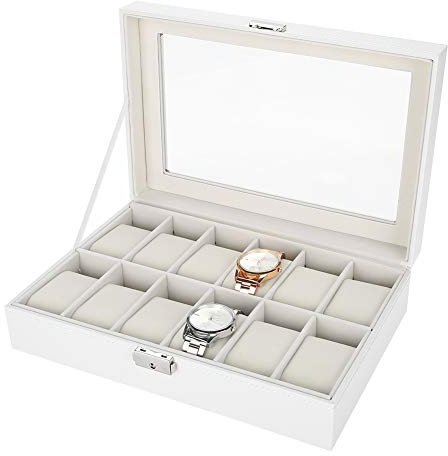 uhrenvitrine Uhrenvitrin Watch Box Organizer Case 12 Gitter PU Lederuhr Vitrine & Organizer für Männer und Frauen, Wristwatch Box Organizer Vitrinen mit Glasplatte, Weiß