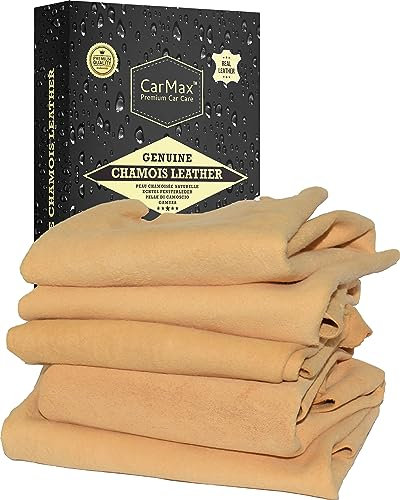 CarMax® Essentials - Premium Natural Chamois Leather - Fanatic's Five Pack - Perfect for car detailing, glass, mirrors and for windows and glass around the home