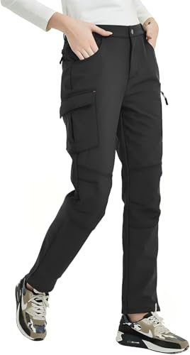 Ski Pants Women Fleece Lined Snow Hiking Pant Winter Insulated Warm Snowboard Clothes Thermal Softshell For Cold Weather | Black, 2XL