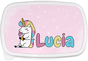 Fupies Porta pranzo e merenda personalizzato con nome unicorno con gelato, Rosa