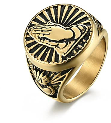 Mesnt Ring Edelstahl Gold, Biker Ringe Herren, Jahrgang Beten Hände Siegelring Ring aus Edelstahl Gold Größe 60 (19.1)
