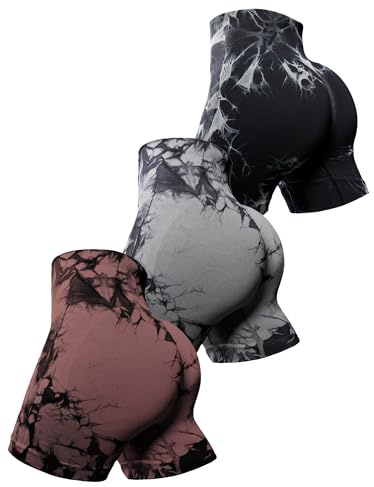 OVESPORT Träningsshorts för kvinnor, rumplyft, hög midja, yoga, gym, sömlösa, cykelshorts, Svart, brun, grå (brun/grå/svart), M