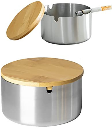 WUERKIYA Cenicero con Tapa Cenicero Exterior Libre Acero Inoxidable Bambú Diseño Retro Viento Cenicero Antiolores para el hogar Oficina Apartamento Dormitorio Balcón Mesa de Centro Decoración