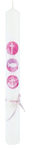 Wiedemann Kerzen Taufkerze für Mädchen Kreuz, Fisch und Anker und rosa Schleife 400 x Ø 40 mm mit individueller Namensverzierung aus Wachsbuchstaben