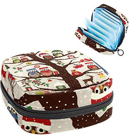 Period Pouch Portable Tampon Storage Bag,Tampon Holder for Purse Feminine Product Organizer,Winter Christmas Hat Owl Bird on Tree