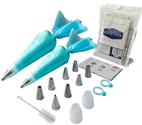 EXSTRY Reusable Piping Bags and Nozzles Set - 15 Pcs Baking Kit Including 2 Reusable Bags, 8 Nozzles, 2 Couplers, Cleaning Brush, and Silicone Rings - Ideal for Cakes, Cupcakes, and Cookies
