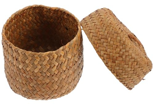Angoily Handgewebter Seegras Aufbewahrungskorb Mit Deckel Kleiner Korb Für Kleinigkeiten Blumenkorb Als Geschenkverpackung Mini-Behälter Für Zuhause Küche Party Und Hochzeit 4.72X3.94X3.94 in