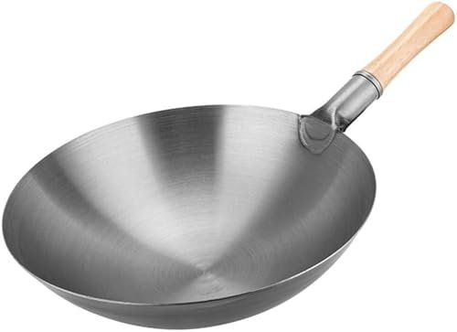 FLTRGO Wok in Acciaio al Carbonio, Wok in Ferro battuto a Mano, Wok Professionale Tradizionale Cinese in Acciaio al Carbonio martellato a Mano con Legno di Olmo Premium e Manico ausiliari