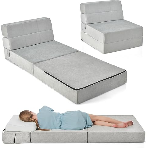 GOPLUS Bodensofa mit Schlaffunktion, 3 in 1 Klappbares Sofabett, Bodenmatratze aus Schaumstoff mit abnehmbarem Bezug, Klappsofa Schlafsessel für Wohnzimmer (Grau)