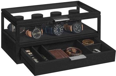 SONGMICS Uhrenbox 2 Ebenen, Uhrenkasten mit Acryl-Deckel, Uhrenkoffer mit 7 Uhrenkissen, 1 Schublade, Samtfutter, Geschenkidee, für Ihre Liebste, schwarz JOW007B01