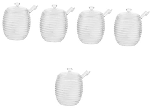 Frascos de mermelada, botellas de vidrio, 5 juegos de tarros de miel de vidrio, tazas transparentes, tazas de café transparentes con tapas, botes de miel, dispensadores de jarabe de miel, tarro de alm