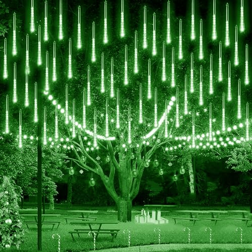 KINGCOO 2St Meteorschauer Lichterkette, Meteorschauer Fallende Regen Lichter 30cm 8 Tubes 192LEDs Wasserdichte Schneefall Lichterkette für Garten Hochzeit Party Weihnachten Dekoration (Grün)