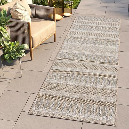 TAPISO Melissa Teppich Läufer Flur Outdoor Indoor Braun Schwarz Modern Muster UV-beständig Wetterfest Balkon Terrasse Wohnzimmer ÖKO-TEX 100 x 200 cm