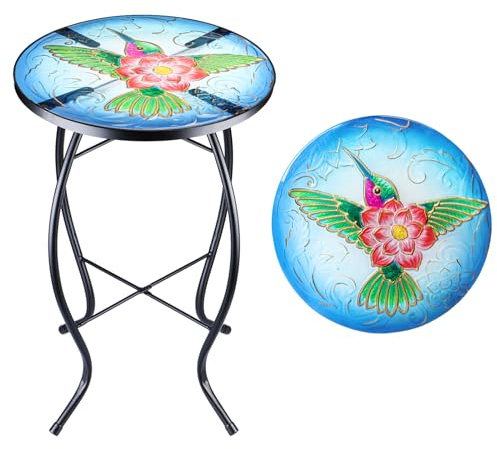 VCUTEKA Patio Side Table Outdoor Accent Table Bistro Coffee Table Plant End Table Small Porch Table Indoor Round Glass Balcony Plant Table Stands Hummingbird 14''