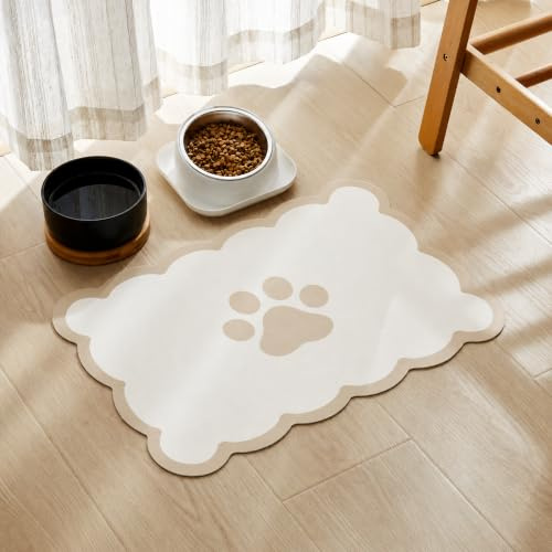 Ralxion Tapis d'alimentation festonné pour Chien, Tapis Absorbant pour gamelle d'eau et de Nourriture pour Chien, Distributeur, Mignon, élégant, esthétique, Kaki, Beige, Set de Table festonné pour