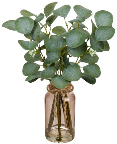 35 cm Künstliche Eukalyptus Zweige Mit Brau Glasvase, Kunststoff Pflanze, Realistische Deko Silberdollar für Hochzeit Tischdeko Büro Wohnzimmer