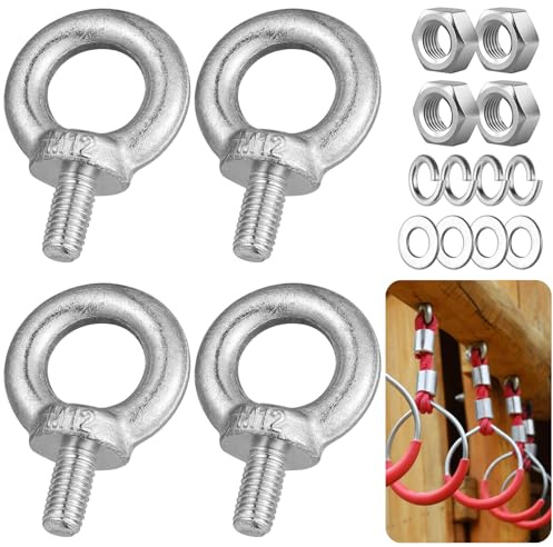 MirraSwit 4 Stück Ringschraube M12, Ring Augenbolzen Runde Ringbolzen | Augenschraube M12, Kohlenstoffstahl Augenschraube, Ösenschraube für Rolle Des Befestigens und Hängens