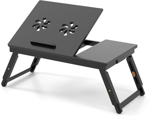 GIANTEX Laptoptisch fürs Bett, Bambus-Serviertablett mit 4-stufiger neigbarer Schreibtischplatte und Schublade, klappbarer Notebook-Ständer zum Frühstücken, Schreiben und Lesen (Braun)