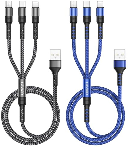 RAVIAD Multi USB Kabel [2Stück 2M] 3 in 1 Universal Ladekabel Schnellladekabel Mehrfach Ladekabel mit Micro USB Typ C Lightning Kabel für iPhone 17/16/15, Android Galaxy S25/S24/S23, Huawei, Oneplus
