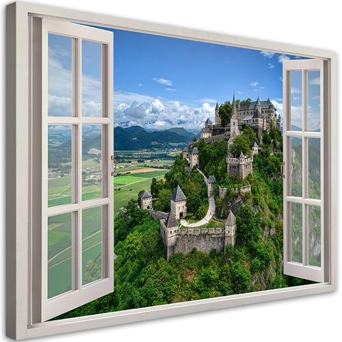 Feeby Leinwandbild - Wohnzimmer Vlies Bilder - Fensterblick Schloss Landschaft Natur - 120x80 1tlg - Deko Schlafzimmer - Dekoration - Aesthetic Leinwanddruck - Moderne Bild - Foto auf Leinwand