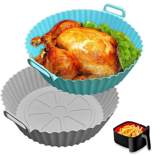 Echehi 2 Pack Airfryer Silikonform, 22cm Silikonform für Heißluftfritteuse sind Wiederverwendbar. Silikon-Zubehör für COSORI, Ninja, Tower. Blau, Grau