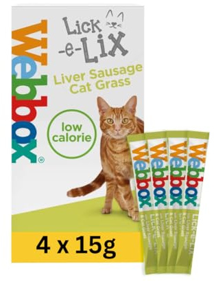 WEBBOX Lick-e-Lix Cat Treats, Liver Sausage & Cat Grass Yoghurt Snack, 4 x 15g Sachets - 1 PACK