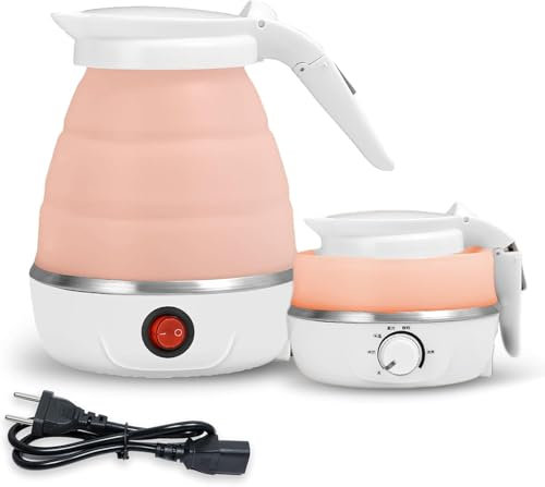 AUTOWNLUX Silikon Faltbarer Wasserkocher 0.6L Reise Tragbarer Mini Faltbare Wasserkocher 5 Minuten Schnelles Kochen für Outdoor Camping Wandern (Rosa)