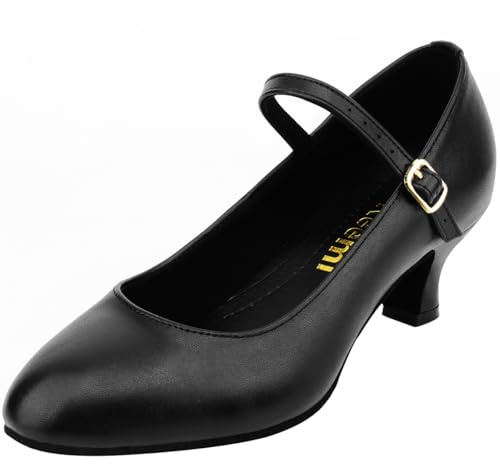 Keemi Women's Black Character Shoes Leather Ankle Strap Dance Heels Dance Shoes for Latin Salsa Tango,2.3,8 M US