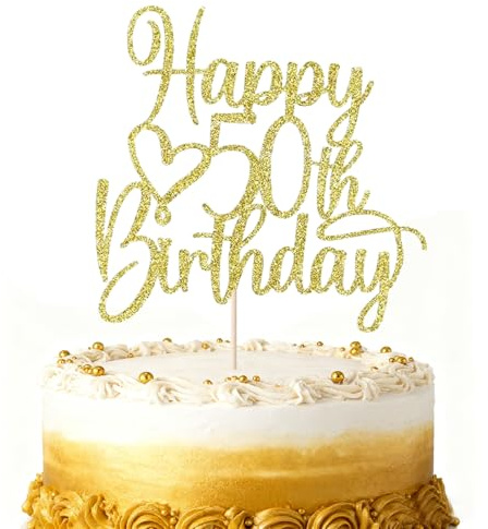 1Pcs Happy 50th Birthday Cake Topper Glitter Gold Cheers to 50 Years 14x14cm Paper Cake Decoration for 50th Anniversary Party, 50 Year Old Men & Women Celebrations