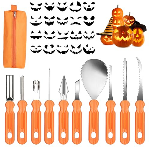 Trendecor 10 Stück Kürbis Schnitzset mit 20 Stück Vorlagen und Tragetasche, Schnitzwerkzeug Kürbis, Professionelle Edelstahlwerkzeuge für Erwachsene Kinder Pumpkin DIY Halloween Dekoration