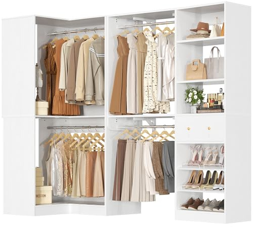 Armocity Closet System Set of 2 - Corner Closet Organizer System with Drawer/9 Shelves/4 Hanging Rods, 91.3 L-Shaped Walk-In Wardrobe Organizer, 1800+ lbs Capacity, White