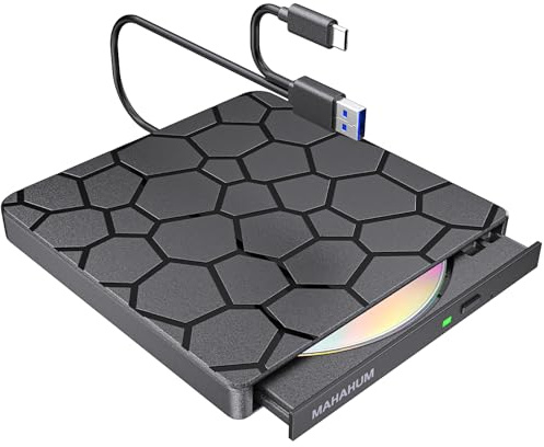 MAHAHUM Unidad externa de CD/DVD para laptop, USB 3.0 y tipo C, grabadora de CD portátil, reproductor de DVD, lector de CD Plug and Play para MacBook Pro/Air, Windows 11/10/7, Linux, unidad óptica