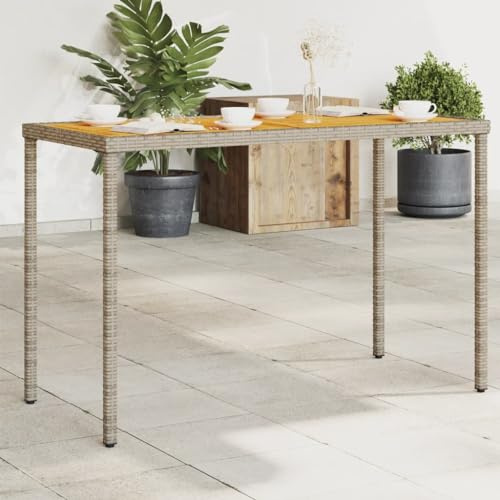 HaoChrymec Gartentisch mit Akazienholz-Platte, PE-Rattan, Robustes Design, Wetterfest, Balkon Tisch, Beistelltisch Outdoor, Loungetisch Garten, Grau, 115x54x74 cm