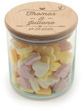 GRAVURZEILE Vorratsglas mit graviertem Holzdeckel - Wedding Design - Personalisiert mit Name & Datum - Keksdose Bonbonglas mit Deckel - Vorratsdose - Geschenk für Paare zur Hochzeit - 530 ml