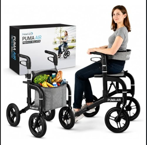 FabaCare Puma Air Outdoor-Rollator matt-schwarz, Leichtgewicht rollator faltbar bis 150 kg mit Luftbereifung Tasche, Rückengurt, Stockhalter und Getränkehalter