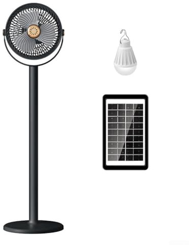 Ventilador de pie portátil con panel solar, ventilador de escritorio USB recargable de 5 velocidades, ventilador de camping plegable ajustable de 360° con luz LED, batería de 4000 mAh para viajes en