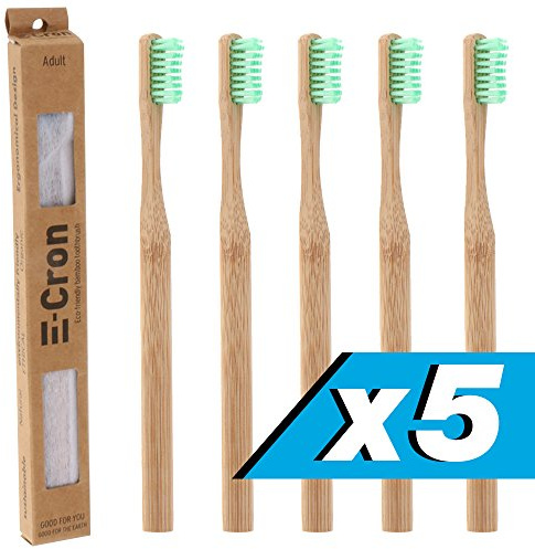 5 x Brosse à dents en bambou (Vert) E-Cron avec poignée écologique, 100% bio et biodégradable. Vos soins dentaires naturels avec la touche propre et chaude du bambou.