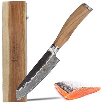 Wakoli Olive HS Damast Kleines Santokumesser | 13 cm Klinge aus 67 Lagen Damaststahl mit VG10-Kern | ergonomischer Olivenholzgriff | für Gemüse, Fleisch & Sushi | in Holzbox für Profi- & Hobbyköche