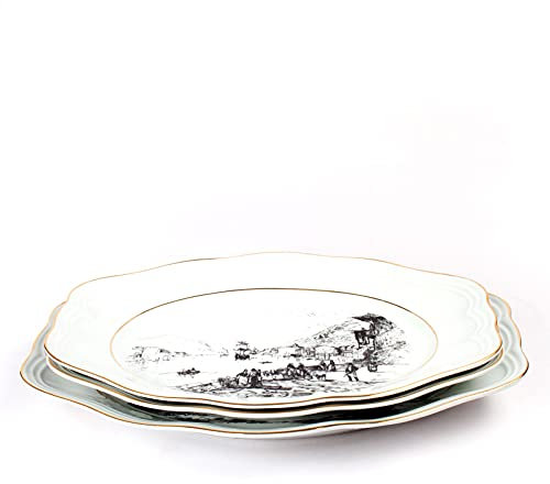 FranquiHOgar 3 Fuentes de servir - Vajilla BIDASOA - Porcelana blanca con filo de oro y paisajes pesqueros | Diseño clásico CARLOS IV