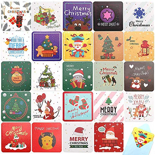 24 Stück Mini-Weihnachtskarten mit Umschlägen, Merry Christmas Grußkarten, sortierte Feiertags-Weihnachts-Karten in 24 einzigartigen Designs, 6,9 x 7,9 cm