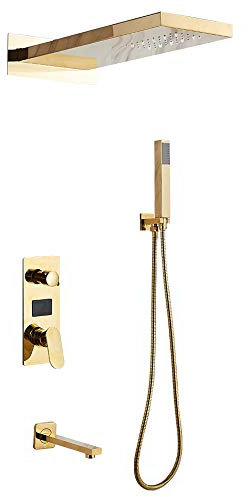 OUKANING Duschsystem mit LED Temperatur-Anzeige,Duscharmatur Regendusche,Duschsäule,3 Funktionen Duschset,Überkopfbrause,Duschstange für Badezimmer Dusche